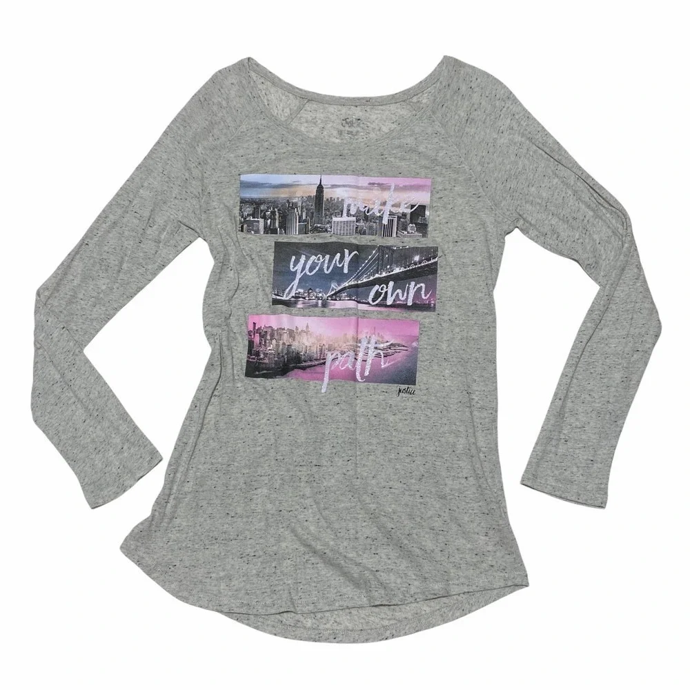 JUSTICE Girl's Gray Inspirational Graphic Long Sleeve High Low T-Shirt
